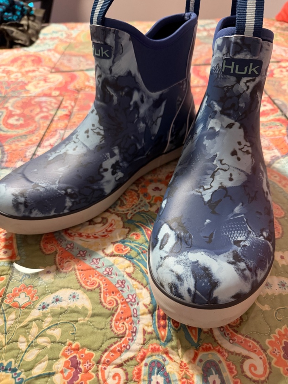Huk Navy and White Marble Camo Short Rain Boots